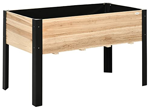 Outsunny fioriera a letto rialzato fioriera vaso per erbe aromatiche con tessuto non tessuto legno massiccio acciaio naturale+nero 120 x 60 x 74 cm