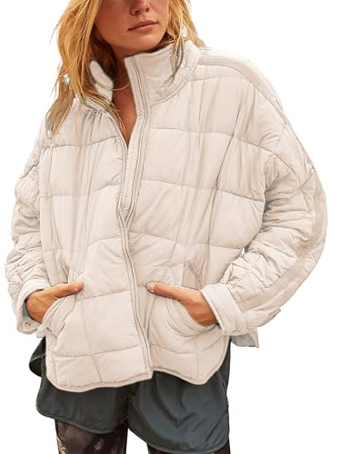 Xiaoxuemeng Womens Quilted Puffer Jacket Zip Up Lightweight Padded Coat Outwear (Khaki-L)