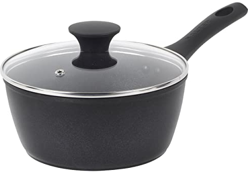 Salter BW09324 Saucepan with Lid – 20 cm Non-Stick Cooking Pot, Forged Aluminium, Induction Hob Suitable, Dishwasher & Metal Utensil Safe, PFOA-Free Sauce Pots, Cool Touch Handle, Megastone Noir