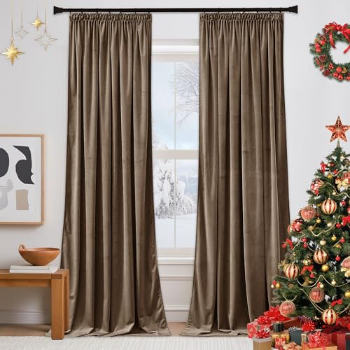 PONY DANCE Pencil Pleat Velvet Curtains - Thermal Blackout Curtains 52x90 Inch, Luxury Velvet Drapes Elegant Home Decor Window Treatment for Living Room/Bedroom, Natural Champagne