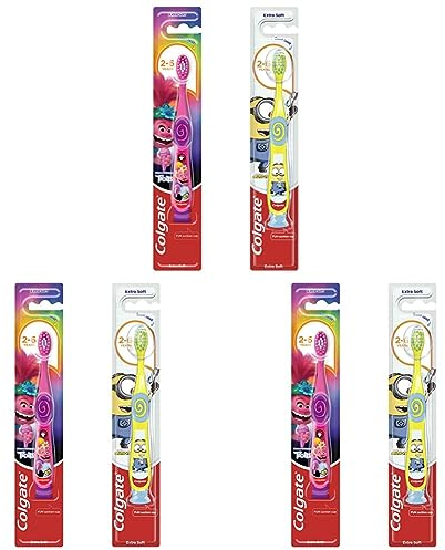 Colgate Zahnbürste Smiles für Kinder 2–6 Jahre, extra sanft, 1 Stück – manuelle Zahnbürste mit Saugnapf, Design ist nicht frei wählbar (Packung mit 3)