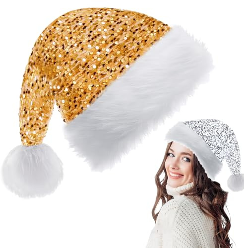 COSORO Gorro Navidad Adulto Niños Oro,35 * 45cm Pompón Sombrero de Navidad Unisex Lentejuelas,Gorros Navideños Felpa Accesorios Decoración Navideños para Fiestas Año Nuevo,Regalos de Festividad