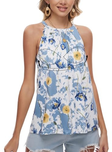 ANYFITTING Débardeur Femme avec Conception Intégrée du Soutien-Gorge Debardeur Soutien Gorge Integre Rond Sangle Spaghetti ete Hauts sans Manche Bleu avec Fleurs L