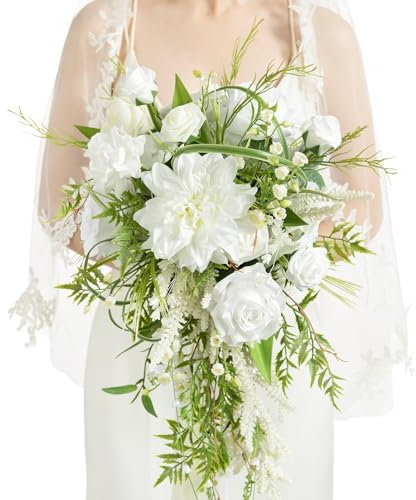 Ling's moment Bridal Bouquet Cascading White Wedding Bouquets for Bride