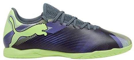 Puma Men's Future 7 Play Indoor Trainer Soccer Shoe, Gray Skies-Elektro Purple-Fizzy Apple-Puma White, 11