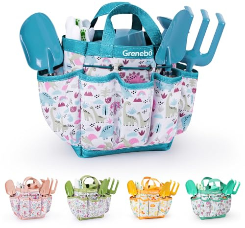 Grenebo Kids Gardening Set Toys, Quality Garden Tool Kit for Kids and Toddlers, Includes Two Shovels, Garden hat,Rake, Apron,Gloves, Watering Can, and Tool Bag (Blue)