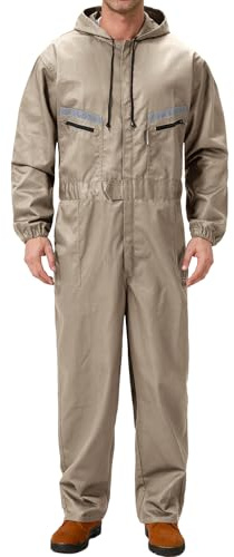 Yukirtiq Herr arbetskläder overall mekaniker huva overall arbetskläder overaller långärmad Hi Viz overall med dragkedjor, Khaki, XXL
