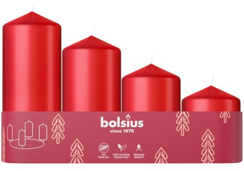 Bolsius Glatte Stumpenkerzen - 4er Set - Advent - Rot - Verschiedene Größen 12-10-8-6 cm - Ø48mm - Dekorative kerzen - Lange Brenndauer - Unparfümiert - Mit Natürlichem Pflanzenwachs - Ohne Palmöl