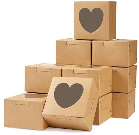 Tunejoy Geschenkbox Kraftpapier Klein Geschenkboxen Cupcake Box Papier Faltschachteln mit Sichtfenster Herzförmige für Kekse, Kuchen, Dessert, Geschenke 30 Stück 10 x 10 x 6.5cm
