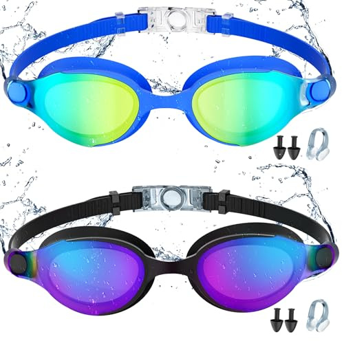 Estefanlo Swimming Goggles, 2 Pack Swimming Goggles Kids 6-14, Goggles Swimming Adult, Goggles (black+blue)
