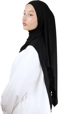 Hijab Completamente Jersey de fibra de bambú natural hijab transpirable e hipoalergénico para mujer musulmana velada chal islámico velo he340, Negro , Talla única