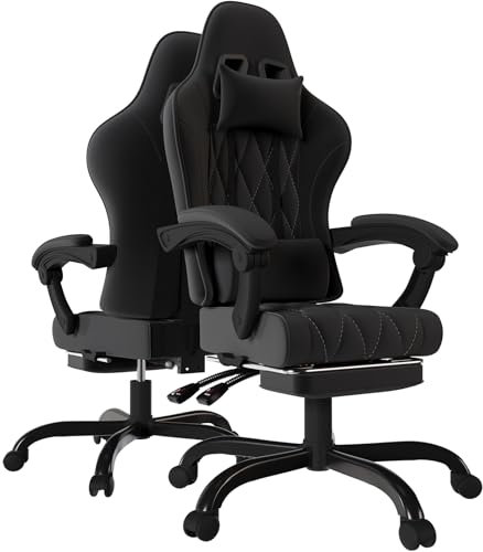 Devoko Gaming Stuhl Stoff, Ergonomischer Bürostuhl mit Massager. Gaming Chair mit Federpolsterung, mit Kopfstütze, Fußstütze, Höhenverstellbar. Gamer Stuhl 150 kg belastbarkeit. Schwarz