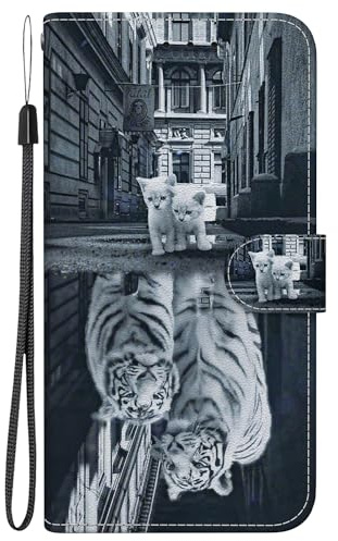 BLOTECH Handyhülle für Nokia 5.4 mit Kartenfächer in Braun Schutzhülle aus Kunstleder Handytasche als Flip Case Cover Handy Tasche Etui Hülle Kunstledertasche,Spiegelung Einer Katze und eines Tigers