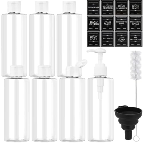 Maxumille 7 Pcs Travel Bottles 250ml with Flip Cap, Refillable Plastic Travel Bottles for Toiletries with Pump and Funnel, Transparent Empty Container for Liquids Lotion Shampoo Makeup Cosmetic -White