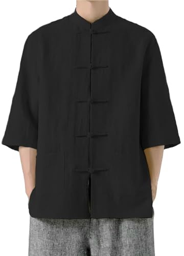 Tangzhuang Camisa china para hombre - Traje tradicional de artes marciales Kung Fu Tai Chi Traje uniforme de manga corta Chaqueta de verano para hombre - Algodón, Negro , XL