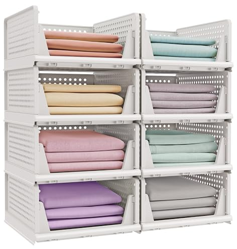 SONGMICS Stackable Wardrobe Storage, Foldable Closet Organiser, Set of 8 Pull-Out Baskets, Closet Storage and Organisation, Bedroom, Office, Bathroom, White LPC800WZ01