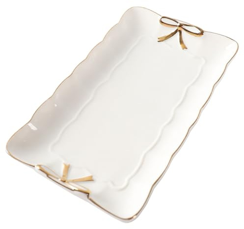 ROMISBABA Vassoio da Portata in Ceramica Bianca Decorazione in Rilievo Dorata, Piatto Elegante Multifunzionale per Dolci e Porta Gioielli, Adatto per Tavolo da Pranzo