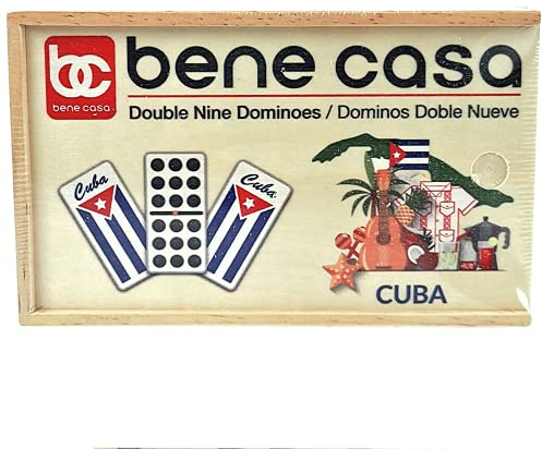 Bene Casa - Cuban Flag Double Nines Dominoes Set - 2-10 Players - Wooden Box with 55 Dominos