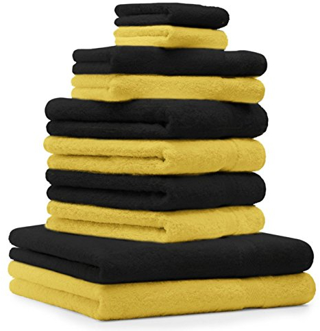 Betz 10-TLG. Handtuch-Set Premium 100% Baumwolle 2 Duschtücher 4 Handtücher 2 Gästetücher 2 Waschhandschuhe Farbe Schwarz & Gelb
