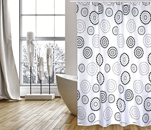 MSV Cotexsa by Premium Anti-Schimmel Textil Duschvorhang - Anti-Bakteriell, waschbar, 100% wasserdicht, mit 12 Duschvorhangringen - Polyester, „Dots“ Schwarz/Weiß 180x200cm – Made in Spain