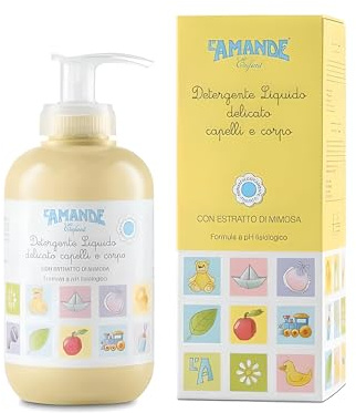 L'AMANDE - Limpiador para bebés y niños para cuerpo y cabello con extracto de mimosa, gel de ducha delicado, ideal para baño de acción emoliente e hidratante corporal – Enfant, 250 ml
