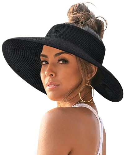 FURTALK Sun Hats for Women Wide Brim Beach Hat Straw Visor Ponytail Summer UV Packable Foldable Beach Vacation Essentials Black