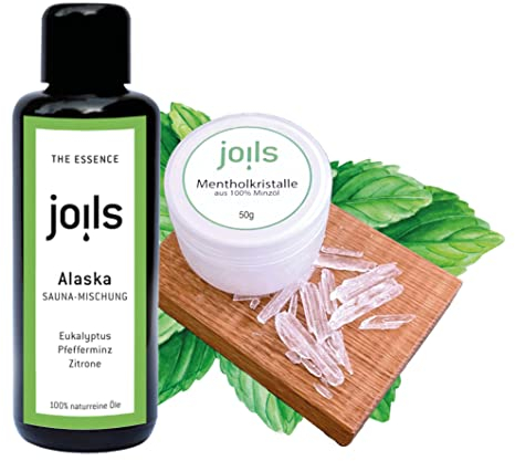 JOILS Sauna-Menthol-Kristalle-Set ALASKA, naturrein, 100ml & 50g, 100% naturreines Öl für Ihre Sauna, Saunaöl naturrein ätherisch und biologisch, Kristalle aus Menthol