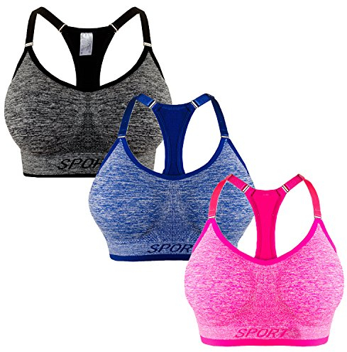 Libella 3er Pack Damen Sport BH Bustier Comfort BH Reissverschluss Gepolsterter Push UP Stützfunktion verstellbare Träger Ohne Bügel Yoga Fitness 3714 Grau +Blau+Pink LXL
