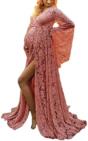 YAOTT Vestito da maternità Abito Premaman Tinta Unita Vestito Maxi Elegante in Pizzo Manica Lunga con Scollo A V per Servizio Fotografico in Gravidanza Abito da Festa,Rosa,XL