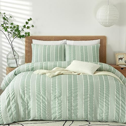Powdion Sage Green Seersucker påslakan king 3-delat texturerat påslakanset med knappstängning och hörnband, 100% mjukt andningsbart king bäddset för alla årstider (1 påslakan + 2 örngott)