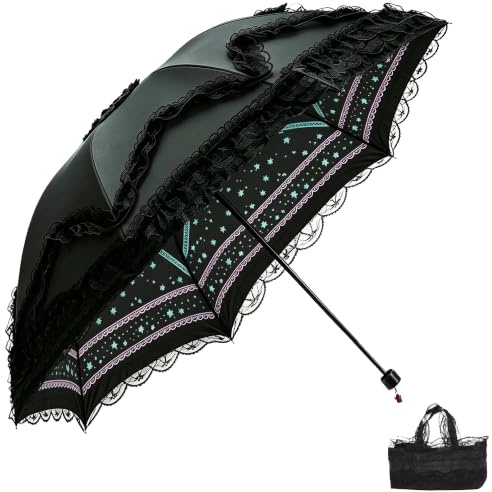URAWESO Black Parasol Gothic Lolita Lace UV Protection Victorian Umbrella for Witch Vampire Cosplay Wedding Party Decor Prop (Flower Printed Lining)
