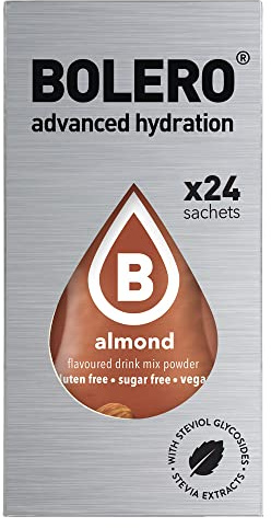 Bolero Drink 24 bolsitas 3 gr Sticks Frutas Preparado Polvo Soluble Para Bebida Fresca en Agua Producto, 72 gramos endulzado con stevia (Almond)