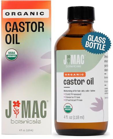 J MAC BOTANICALS Organic Castor Oil Cold Pressed (Glass Bottle, 4 oz, NO DROPPER), pure hexane free castor oil for face, skin, eyelashes
