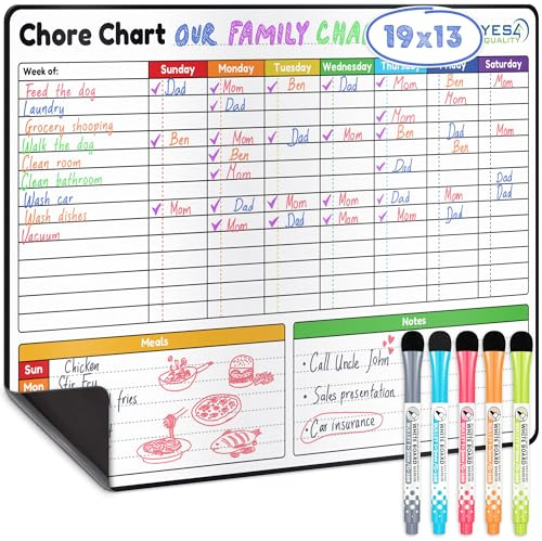Yes4Quality Magnetic Dry Erase Chore Chart (19 x 13) Family Weekly Chores Checklist w/Meal Planner, Stain Resistant Board for Fridge W/ 5 Colorful Markers