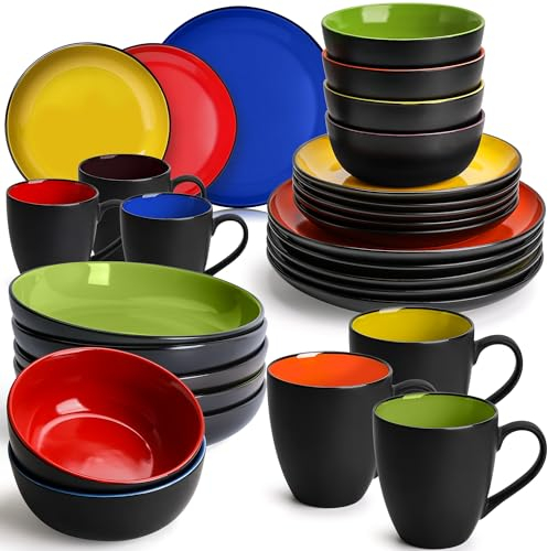 MIAMIO – Geschirrset 6 Personen/Steingut Geschirr Set 30-teilig, Tafelservice Steingut mit Tellern, Schüsseln, Tassen, und Suppentellern - Le Papillon Kollektion (Bunt,30 Teile Set)