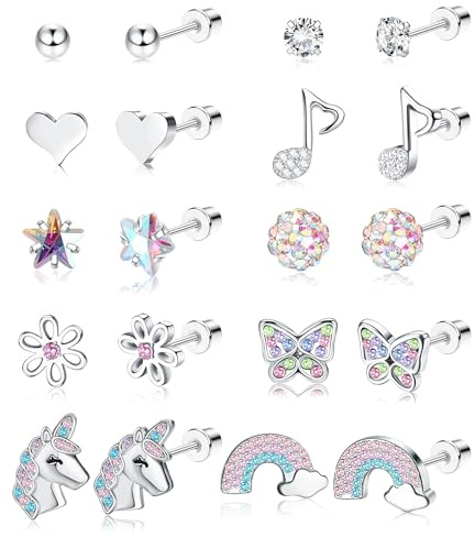 Finrezio 8-10 Pares Pendientes Niña Aretes Pendientes para Niños Pendientes Hipoalergeniños Aretes Espalda Rosca Circonitas Cúbicas Acero Inoxidable Flor Corazón Lindo Juego Pendientes