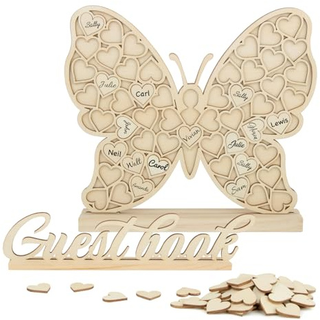 BOFUNX Libro Firmas Boda de Visitas para Invitados en Mariposa+53pcs Corazones Madera para Escribir y Bolsa de Organza+ Letreo Guest Book Regalo Original Decorazón Fiesta Boda Cumpleaños Baby Shower