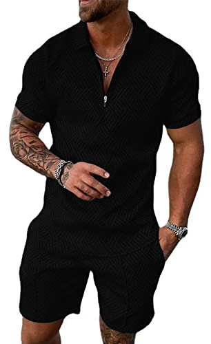 Fastkoala Homme Ensemble Sets Ete Tenues Survêtement Costumes Plage Vacances Fermeture Eclair Chemises et Shorts 2 Pcs Noir M