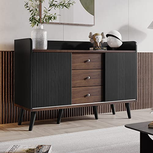Becag Sideboard Kommode Schwarz, Küchenschrank mit 2 Schiebetür und 3 Schubladen, Buffetschrank Cabinet Sideboard Wohnzimmer Küche mit DunkleHolzfarbe Arbeitsplatte, L117/T40/H80 cm, Schwarz