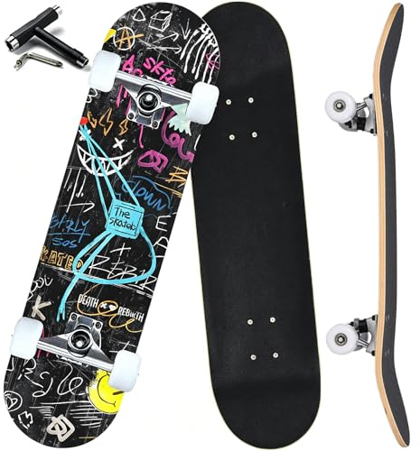 ANYFUN Pro Complete Skateboards for Beginners Girls Boys Kids Youths Teens Adults 31x8 Skate Boards 7 Layers Canadian Maple Double Kick Deck Concave Longboard (Graffiti)