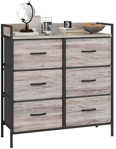 HOMCOM Chest of Drawers Fabric Dresser 6 Drawers, Grey Wood Effect | Bedroom, Storage Organiser Unit, Open Shelf, Metal Frame, Living Room, Entryway