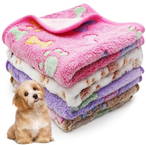 Saier tbo 4Pcs Fluffy Dog Blanket, Washable Warm Puppy Blankets with Cute Pattern Soft Coral Fleece Pet Blankets for Dogs & Indoor Cats Sofa Bed Protection