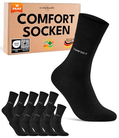 sockenkauf24 Calcetines Cómodo Diabéticos Hombre 43-46 Negro sin Elástico y sin Costuras con Cintura de Confort Algodón 10 Pares