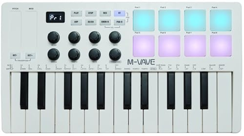 M-VAVE 25 Tasten 8 Backlit Drum Pads MIDI Keyboard - Professioneller Beat Maker und Keytar für Keyboard Musikproduktion Builtin Battery Wireless Connect Weiß