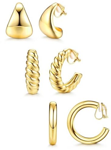 BESTEEL 3Pairs Clip on Earrings for Women Trendy Hypoallergenic 14K Gold Plated Chunky Tube Croissant Waterdrop Clip-on Hoop Earrings Set Fake Jewelry Non Pierced Ears