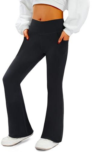 BIOECEUA Wide Leg Trousers for Kids Girls, Stretch Slim Fit Flared Leggings with Pockets, High Waisted Bell Bottom Bootcut Yoga Pants for Dance Casual Workout Black