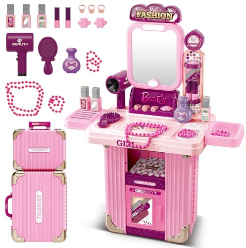 deAO 2 en 1 Kit De Coiffeuse Table Maquillage Jouet avec Coffret Malett