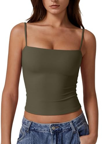 Vest Tank Tops for Women UK Summer Ladies Double Lined Basic Tank Top Adjustable Spaghetti Straps Sleeveless Camisole Shirts (Army Green,S)