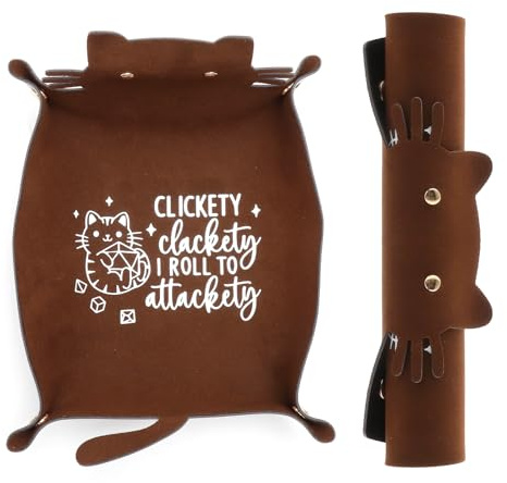 VOSSOT Plateau à Dés Pliable Chat Kawaii en Cuir PU Dice Tray Compact Pliable avec Dé en Bois Accessoire Chat pour DND RPG, Jeux de Plateau, Boîte Rangement Multifonctionnelle Brun