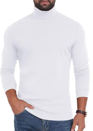 PrinStory Camiseta de manga larga para hombre, cuello redondo, manga larga, jersey de cuello alto, prenda superior cálida, jersey de punto de cuello simulado, Blanco, M